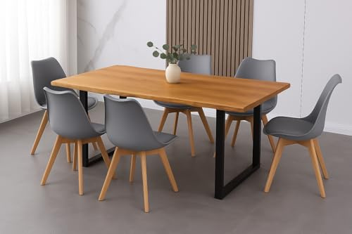 SAM 7 TLG. Essgruppe Josy | Esstisch mit 6 Stühlen | 180x90 cm mit Baumkante | Holz Wildeiche-Optik | 40 mm Platte | U-Gestell Schwarz | 6X Schalenstuhl Grau + Buche-Gestell