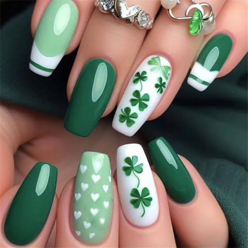 Faux ongles élégants à presser - Couverture complète - Trèfle vert - À coller sur les ongles pour les festivals et les célébrations