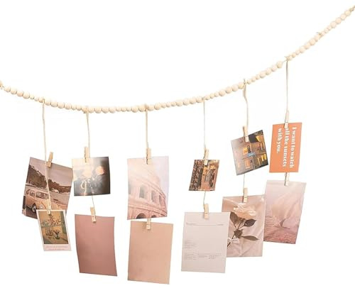 DEANKEJI Appendi Foto con Mollette, Stile Bohémien Appendere Porta Foto Multiple Parete, Porta Cartoline da Parete con 12 Clip, Decorazioni Parete con Perline Legno, per Cartoline, Fotos e Souvenir