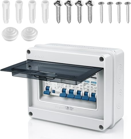 Consumer Unit Circuit Breaker 5 Way: Anti-Leakage Fuse Box IP65 Waterproof Plastic Garage Consumer Unit for Garages Workshops Small Factories 63A 30mA RCD 4MCB 2x6A+10A+20A+32A