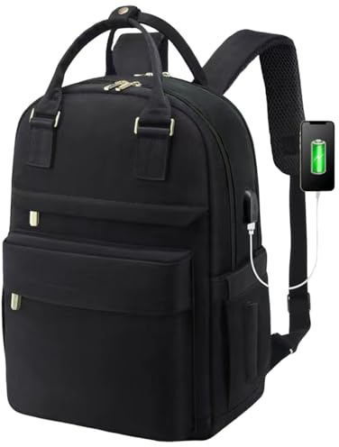 Cymwer 16 tums bärbar datorryggsäck stor nylon skolväska med laddning USB-port ryggsäckar för kvinnor damer vardaglig högskola, Svart, 17.32 x 11.81 x 7.09 (inch)