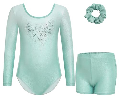 Gogokids Mädchen Dreiteilige Gymnastikanzüge, Langärmliges Gymnastik Set mit Shorts und Haarband, Glitzernde Balletteinheitstrikots - Gymnastik Outfit mit Farbverlaufdesign für 3-12 Jahre