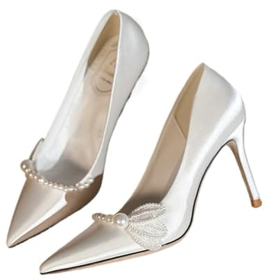 High Sense pärlvita bröllopsskor bröllopsklänning satin enkla skor plusstorlek klackar brudtärna skor för bröllopsfest kväll, Vit 9 cm, 38 EU