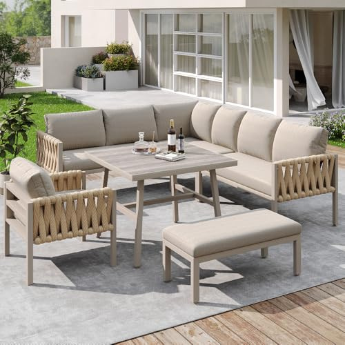 Salon de jardin exterieur 6/8 personnes,canapé de jardin exterieur,canapé d'angle,ensemble de meubles de jardin en corde avec structure en fer galvanisé,plateau de table en verre trempé (beige)