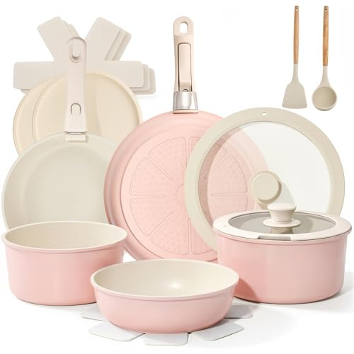 Warmiehomy 17-Piece Non-Stick Induction Hob Pan Set, Removable Handle, Pink | Aluminium Cookware with Ceramic Coating for Induction, Gas, Electric and Ceramic Hobs, Stackable, Kitchen Cookware with Lids