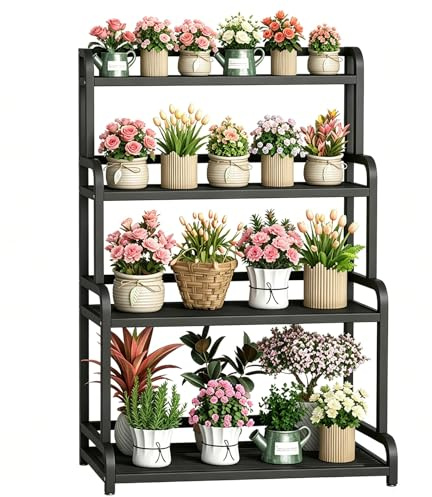 Fristående blomställ i hörn, 4-vånings stege växthyllor Display blomkrukhållare med bakre stång, svart metall järnväxtstativ(80x50x135cm)