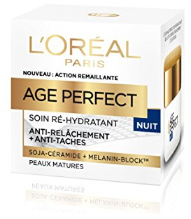 L'Oréal Paris - Crème de Nuit Anti-Âge & Anti-Taches - Soin Réhydratant, Raffermissant & Anti-Relâchement - Au Collagène & Melanin-Block - Peaux Matures - Age Perfect - 50 ml