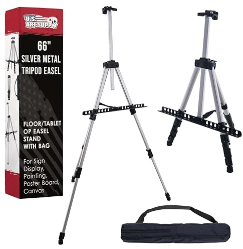 U.S. Art Supply 66 Silver Metal Tripod Easel Display - Adjustable 18- 5.5', Holds 36 Canvas - Floor/Tabletop Easel Stand, for Sign Display, Painting, Poster Board, Canvas - Portable Bag