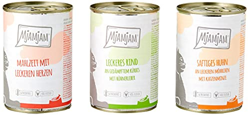 MjAMjAM - Premium Nassfutter für Katzen - Mixpaket I - Huhn, Rind, Herzen, 6er Pack (6 x 400 g), getreidefrei mit extra viel Fleisch