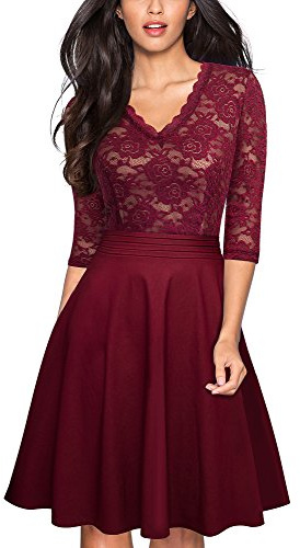 HOMEYEE Damen Vintage 3/4 Ärmel Floral Spitze Gestickte Cocktail Ausgestelltes Kleid A062 (EU 40 = Size L, Wein02)