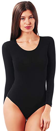 VEDATS Damen Body Langarm Rundhals Top Unterhemd Bodysuit (S, Schwarz)