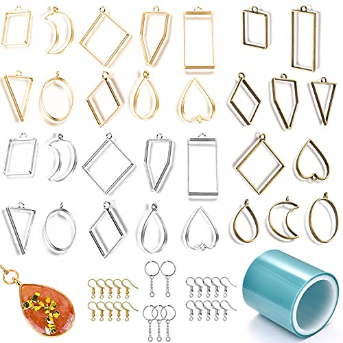 GIAK Anhänger Lünette Metall Gießform Schmuck Anhänger 55Pcs lünette Anhänger Open Lünette geometrische Hohle Resin Schmuck für DIY UV Handwerk Gedrückt Blume mit 1 Rolle Nahtlose Band