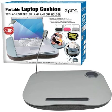 GREY PORTABLE CUSHIONED LAPTOP TRAY ADJUSTABLE LED LAMP LIGHTWEIGHT CUP HOLDER