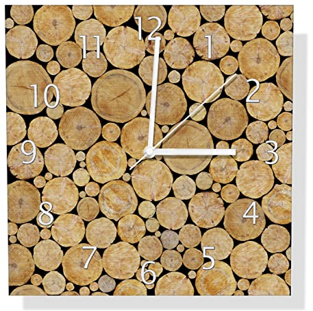 Wallario Design Wanduhr Holzstapel rund aus Aluverbund, Alu-Uhr Größe 30 x 30 cm, weiße Zeiger mit Metalloptik