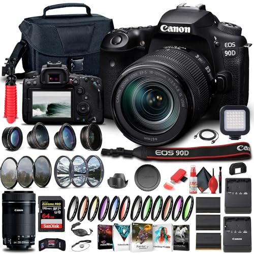 Canon EOS 90D DSLR Camera with 18-135mm Lens (3616C016), EF-S 55-250mm Lens, 64GB Memory Card, Case, Corel Photo Software, 2 x LPE6 Battery, External Charger, Card Reader + More