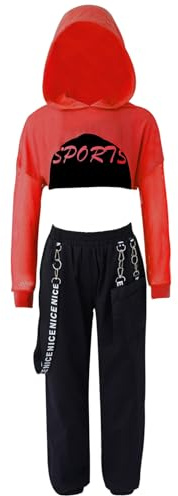 Freebily Träningsoverall för flicka 3 delar huvtröja + sport-bh + sportbyxor metallkedja ballerina jazz hiphop dans modern streetwear, Röd, 13-14 �r