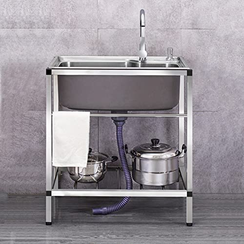 Acier Inoxydable Évier Cuisine Lavabo à Une Cuve, Évier Utilitaire Avec Égouttoir 1 Compartiment Avec Robinet, Pour Garage, Restaurant, Cuisine, Buanderie, Intérieur Extérieur ( Color : Single cold ,