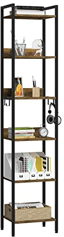 EUGAD Bücherregal mit 6 Ebenen, Standregal industriell, freistehendes Regal, Aufbewahrungsregal für Büro Wohnzimmer Schlafzimmer Küche,mit 4 Haken, Schwarz +Vintage Holzoptik, 40x30x187cm
