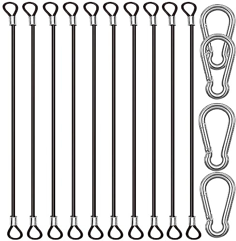 CKANDAY 10 Pack 16 Inch(40cm) Stainless Steel Tethers with 4 Pcs Spring Snap Hook Clips, Steel Wire Cable with Loops Vinyl Cover Coated Short Rope Lanyard Lock Tether Chains, Black