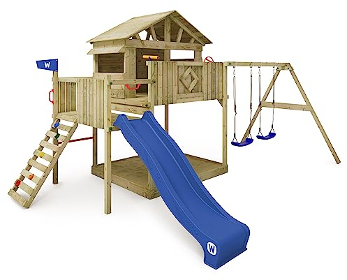 WICKEY Spielturm Klettergerüst Smart Peak mit Schaukel & Rutsche, Stelzenhaus mit Sandkasten, Kletterturm für Kinder, Kletterleiter & Spiel-Zubehör - blau