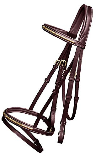 ExionPro Exion English Jumping Bridle with Flash – Soft Lined Crownpiece, Brass Clincher Studded Browband, Flash Noseband, Rubber Reins – Black & Brown – Premium Vegetable-Tanned Leather