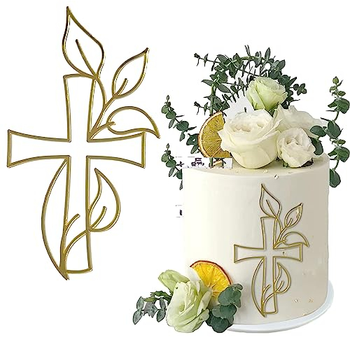 WOOXDYUK 1 Décoration de gâteau croix dorée acrylique effet miroir irisé mariage anniversaire Noël fête