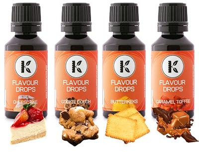 Flavour Drops, Kalorienfakten, 4x30ml, Flavour frei wählbar. Geschmackstropfen, Kalorienfrei, zum Süßen von Speisen u. Getränke. (Cheesecake, Cookie Dough, Butterkeks, Caramel-Toffee)