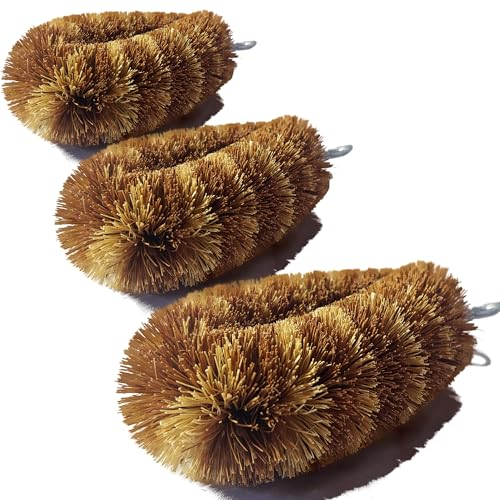 EcozLaRo 3-Pack Coir Tawashi Scrubbers, Natural Coconut Fiber, Eco-Friendly Vegetable Brush for Food, Non-Scratch Kitchen Cleaning, Ceylon Handcrafted, Biodegradable
