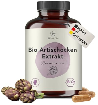 BIONUTRA© Bio Artischocken Kapseln – aus Artischockenextrakt Bio mit 2,5% Cynarin, 270 Stück à 700 mg, hochdosiert, vegan & ohne Zusätze, rückstandskontrolliert, Deutsche Herstellung