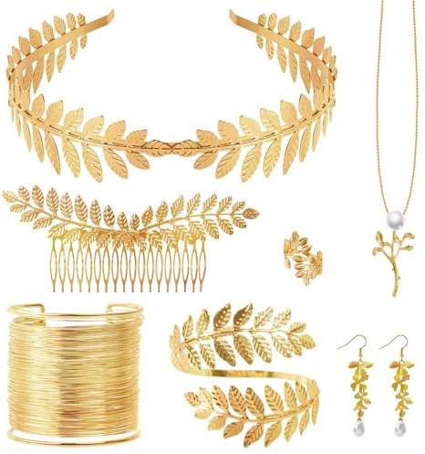 NZZVNZ 7 PCS Greek Goddess Costume Jewelry Set, Roman Gold Leaf Headband Coil Upper Arm Hair Clip Bracelet Necklace Earrings Rings, Grecian Goddess Costume Accessories for Girls Women