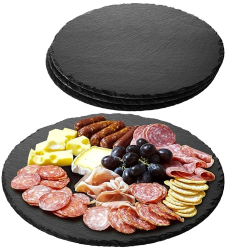 Navaris Plato llano de pizarra natural - 4x Bandejas para servir alimentos quesos aperitivos tapas sushi - Tablas Redondas de piedra de 28 cm