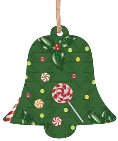 Weihnachtsschmuck aus Holz für Baumdekoration, Süßigkeiten, Lutscher, Stechpalme, Beere, hängende Weihnachtsbaumschmuck, Kugel, Heimdekoration (Glockenform)