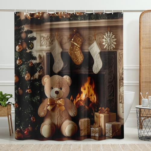 Cortina de ducha de oso de Navidad, cortina de ducha de oso de felpa beige para decoración de vacaciones, juego de cortina de ducha de tela impermeable moderna con ganchos, 72 x 78 pulgadas