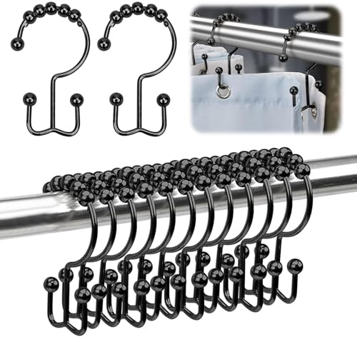 24er-pack duschdraperikrokar ringar, rostbeständiga metall dubbla glidkrokar ringar för badrum duschstavar gardiner, rostfritt stål gardinkrokar (svart)