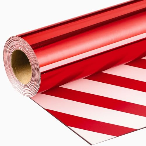 Wikadlik Rotes Geschenkpapier – Metallic-Rot, einfarbig und mit Streifen, wendbar für Geburtstag, Valentinstag, Weihnachten, Neujahrsfeier, 43 cm x 10 m, Mini-Rolle