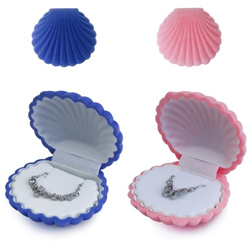 AdiStylinno Paquete de 2 cajas de joyas, mini almacenamiento de joyas de viaje para collares, pendientes portátiles, caja de joyería, diseño de concha de moda, anillo de boda, caja de regalo, bonita