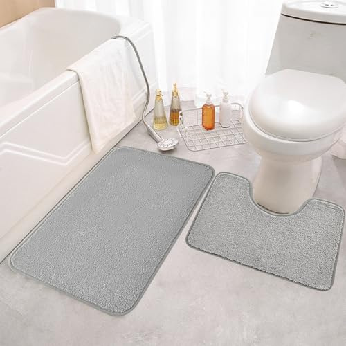 Lot de 2 tapis de salle de bain en microfibre antidérapants et tapis WC avec découpe - Lavables - Petit tapis de bain pour salle de bain - Toilettes autonomes - 50 x 80 + 50 x 40 cm - Gris