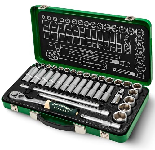 Mallette à outils 36 pièces 1/2 avec douilles 6 pans 8 à 32 mm en acier CR-V - Extensions courtes et profondes - Joint de cardan dans un coffret en métal robuste pour voiture, atelier, montage à
