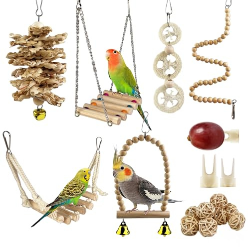 CHALVIOR 18 Pièces Jouet Perroquet, Jouets pour Oiseaux, Jouet Perruche, Cage à Oiseaux Perchoir Échelle à Mâcher Hamac Balançoire à Mâcher pour Pinsons, Petites Perruches et Autres