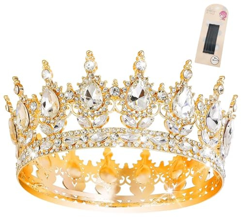 Volle Runde Krone Damen - Strass Kronen für Torte, Diadem Gold, Prinzessinnen, Mädchen, Braut, Kopfschmuck, Geburtstag Party, Kopfschmuck Schmuck für Hochzeit Prom Geburtstag Party