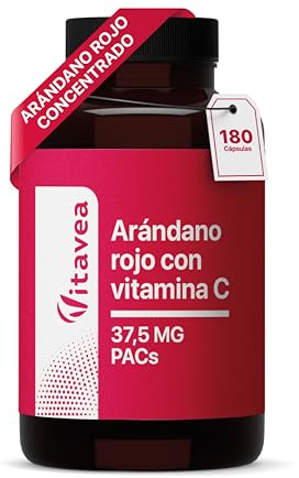 Cranberry con Vitamina C – 1250 mg di succo di mirtillo rosso in polvere al giorno – 37,5 mg PAC – 180 capsule vegane – Senza additivi inutili – Vitavea
