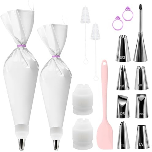 SPOKKI Spritzbeutel mit Ttüllen (17-Teilig) 30 und 35cm Baumwolle Spritzbeutel Wiederverwendbar mit 8 Edelstahl, Spritztüllen Adapterund Schaber Spülmaschinenfest Spritztüllen Set für Torten Cupcakes