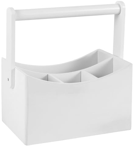 Vencier Bamboo Kitchen Utensil Holder with 4 Compartments, Drop-Down Handle Cutlery Caddy Organizer with Dividers, Countertop Storage Rack for Spoons, Forks, Knives & Gadgets (White)