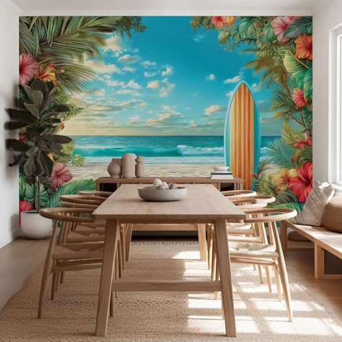 Costero Papel Pintado Efecto 3D 250 x 175 cm, Papel tapiz fotográfico Tabla Surf Playa Plantas Tropicales Florales Fotomurales Pared Tejido No Tejido Decoración De Pared Sala Cuarto Oficina Salón
