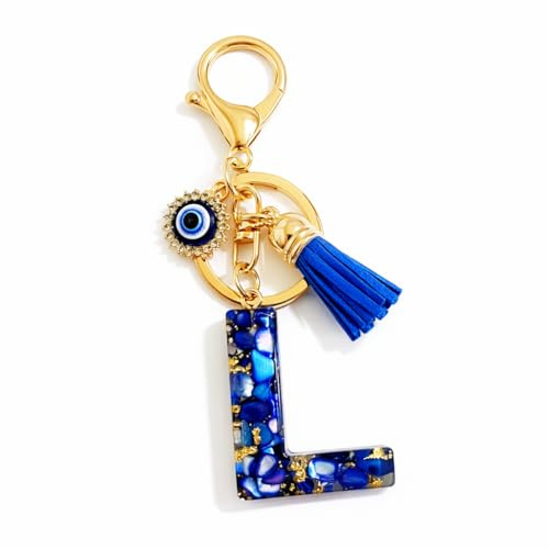 Porte-Clés Lettre L – Porte-Clef Initiale de l'Alphabet de Sac pour Femmes avec Tassel Bleu et Oeil, Cadeaux de Porte-Clé de Prénom Initial pour Filles, Amies, Famille