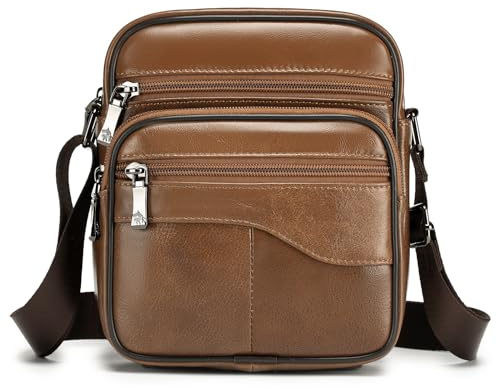 BAGZY Herr Ryggsäck Äkta Läder Man Axelväska Kurirväska Cross Body Organizer handväskor Slingväska Travel Business Väska för Kindle Tablet Wallet Handväska Mobil Telefoner Brun
