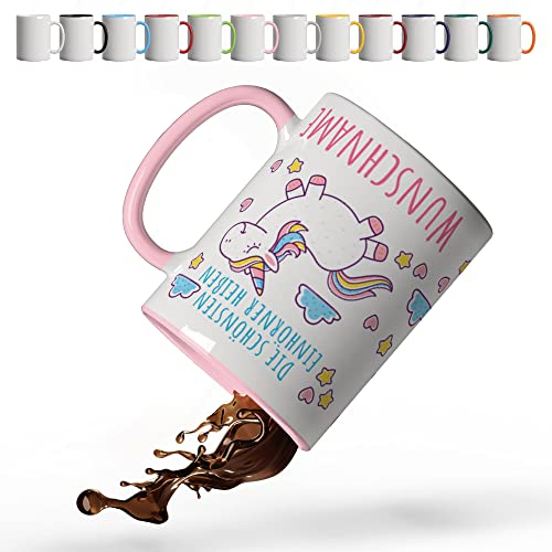 Partycards Keramik Tasse personalisiert mit Einhorn Motiv, 330 ml, Rosa - Perfekt als Einhorn Geschenke für Mädchen, Geschenk für Frauen, Kaffeetasse mit Namen personalisierte Geschenke Mädchen