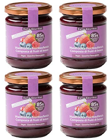 Dalia Gourmet - Composta con 85 % di Frutta | Senza aggiunta di zuccheri con ERITRITOLO - STEVIA | Prodotto artigianale italiano | 4 pezzi da 220 g (Frutti di Bosco)