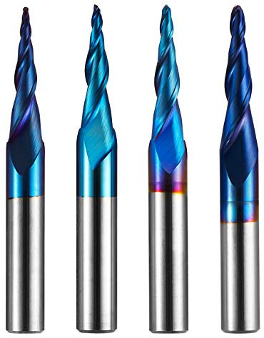 Genmitsu 4pcs 2-Flute Tapered Ball Nose Spiral End Mill, Nano Blue Coating Tungsten Carbide CNC Router Bits, 2D and 3D Engraving Carving Woodworking Bits, R0.25-1.0, 1/4'' Shank, TB04B