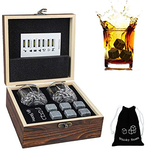 Whisky Stones and Glass Gift, KissDate 6PCS Natural Granite Whiskey Chilling Stones and Stylish Wooden Box, Reusable Bourbon Cognac Scotch Wine Gin Ice Cube for Father Boyfriend Birthday Anniversary